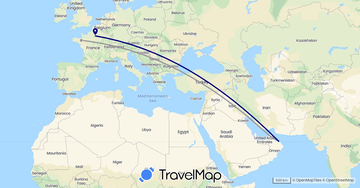 TravelMap itinerary: driving, plane in United Arab Emirates, France, Oman (Asia, Europe)